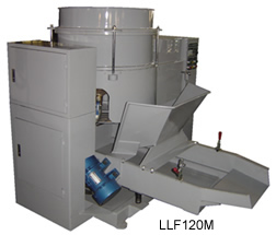 LLF120M centrifugal disc finishing machine with moto drivn pivoting system and vibratory separator
